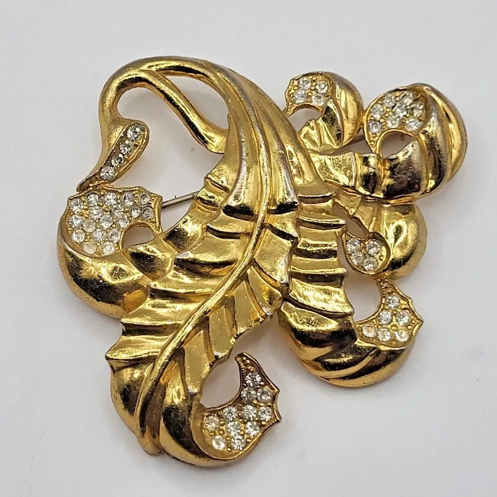 Vintage 1940s Pot Metal Brooch Gold Plating Clear Rhinestone Leaf 2.5in
